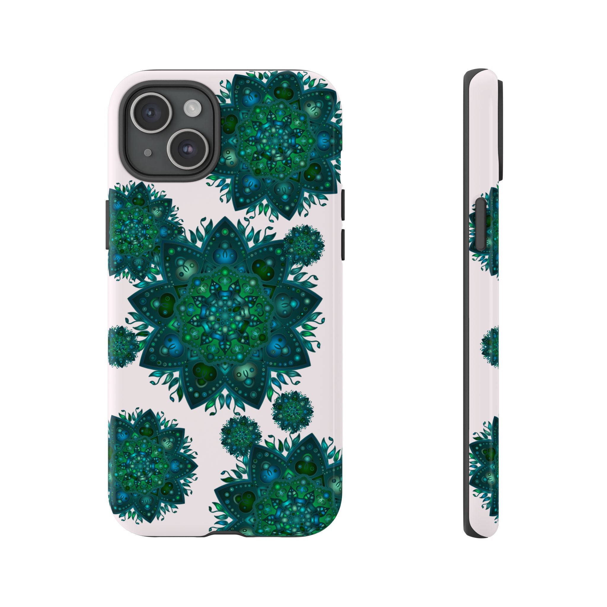 A beautiful light pink and green mandala phone case with a peaceful design