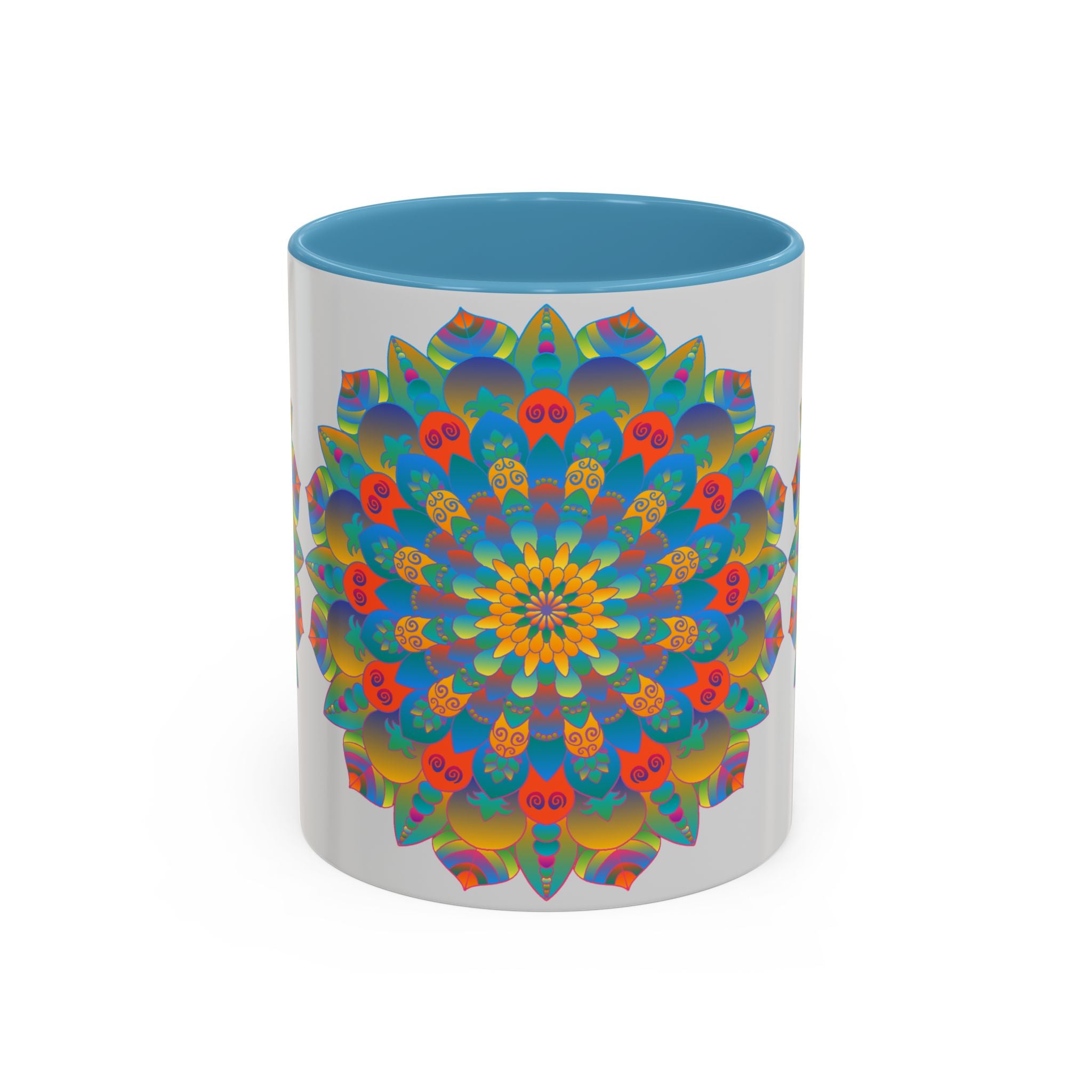 Handcrafted ceramic mug featuring vibrant mandala art in yellow, orange, and blue colors