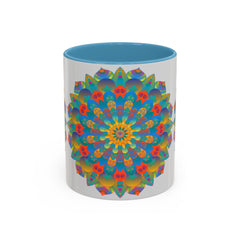 Handcrafted ceramic mug featuring vibrant mandala art in yellow, orange, and blue colors