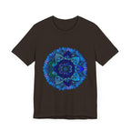 Beautiful dark blue and green mandala design t-shirt featuring spiritual art