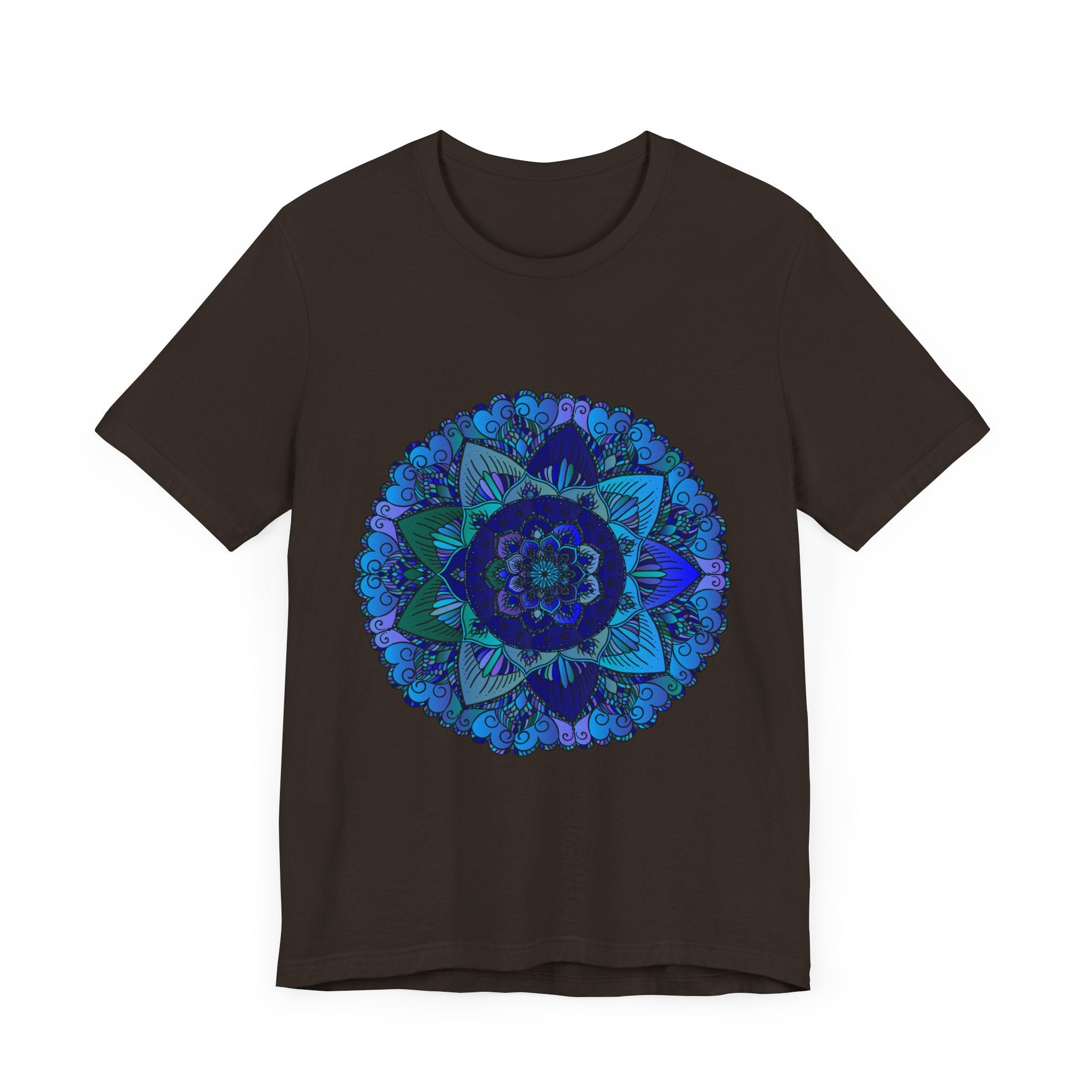 Beautiful dark blue and green mandala design t-shirt featuring spiritual art