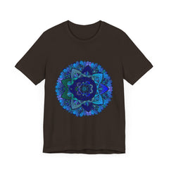 Beautiful dark blue and green mandala design t-shirt featuring spiritual art