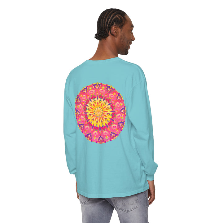 Colorful and intricate mandala design printed on a unisex long sleeve t-shirt