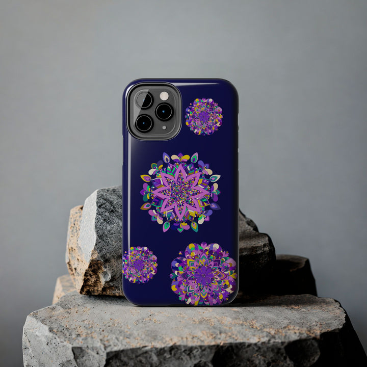 Hand drawn intricate mandala art design in beautiful shades of purple on a durable and shock absorbent phone case