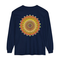 Colorful and intricate mandala design on a unisex long sleeve t-shirt