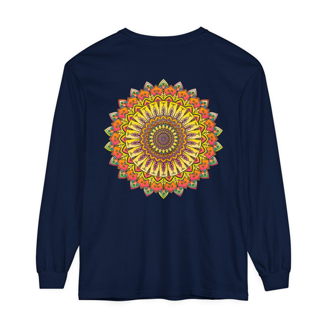 Colorful and intricate mandala design on a unisex long sleeve t-shirt