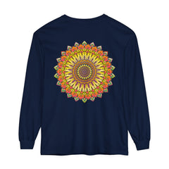 Colorful and intricate mandala design on a unisex long sleeve t-shirt