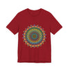 A vibrant and intricate mandala meditation tee, featuring a beautiful array of colors perfect for peaceful relaxation and self-reflection