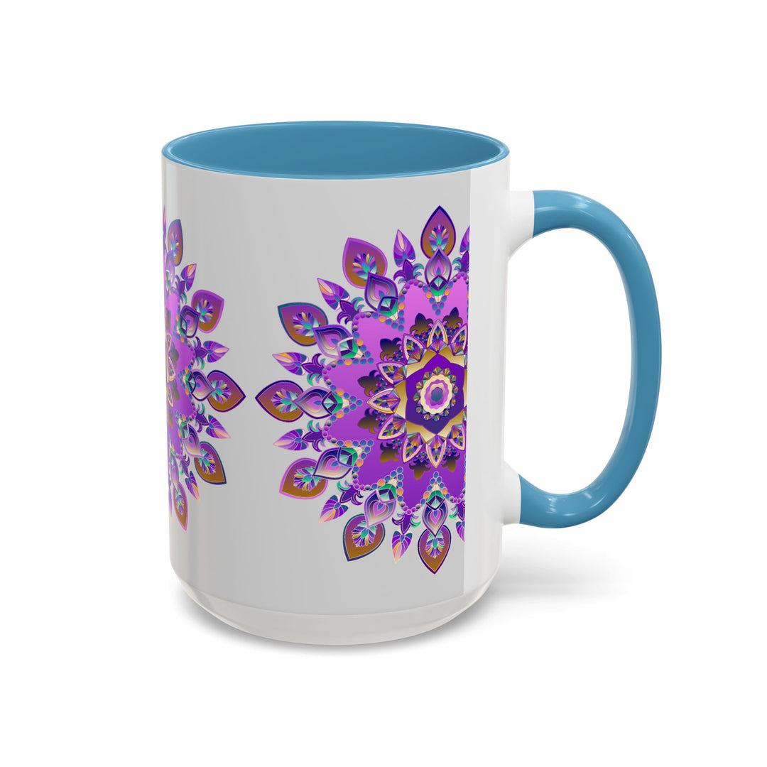 Beautiful purple and gold mandala mug with intricate bohemian art design