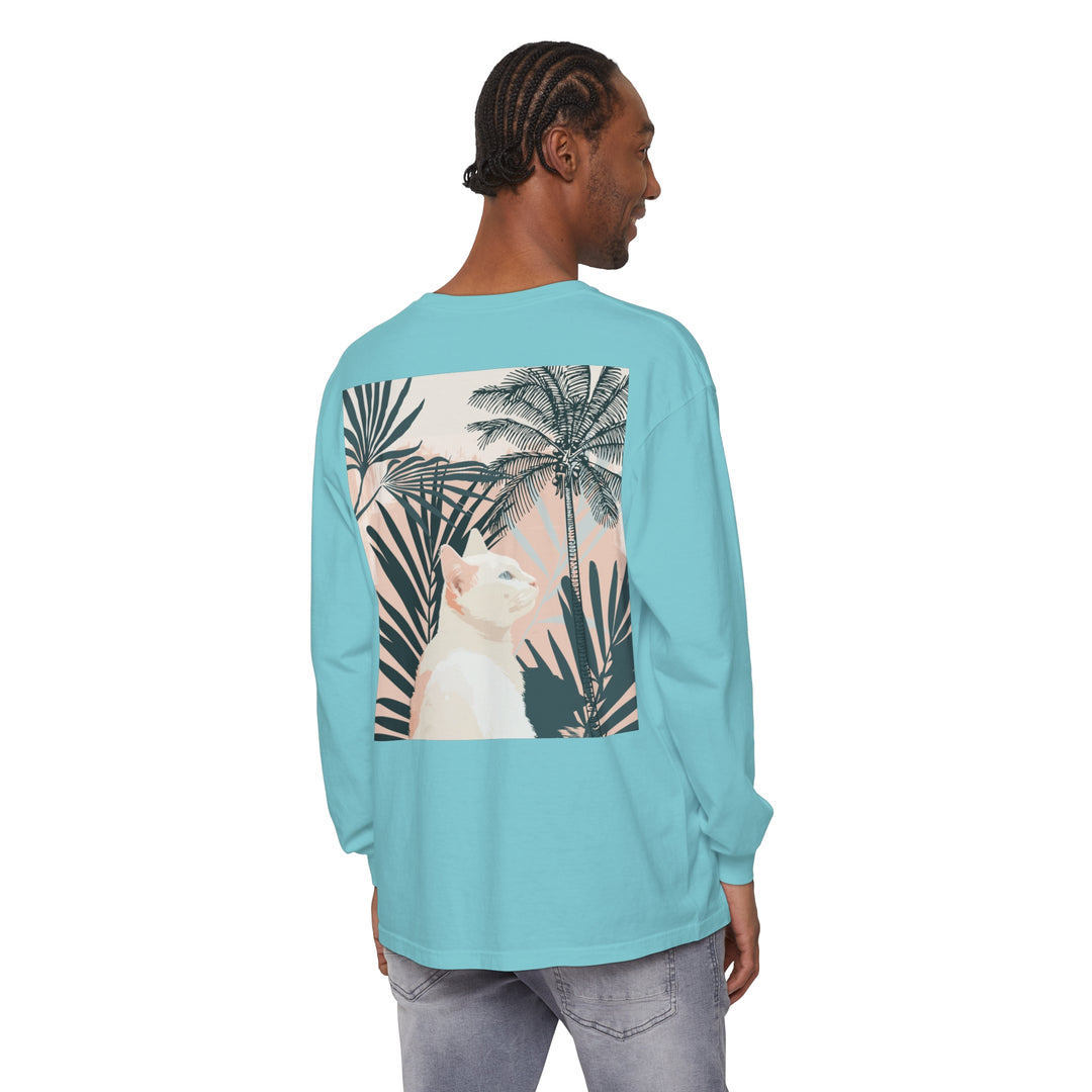 A close-up image of the White Cat Tropical Mandala Long Sleeve T-Shirt, featuring a vibrant and intricate mandala design with a white cat surrounded by tropical elements