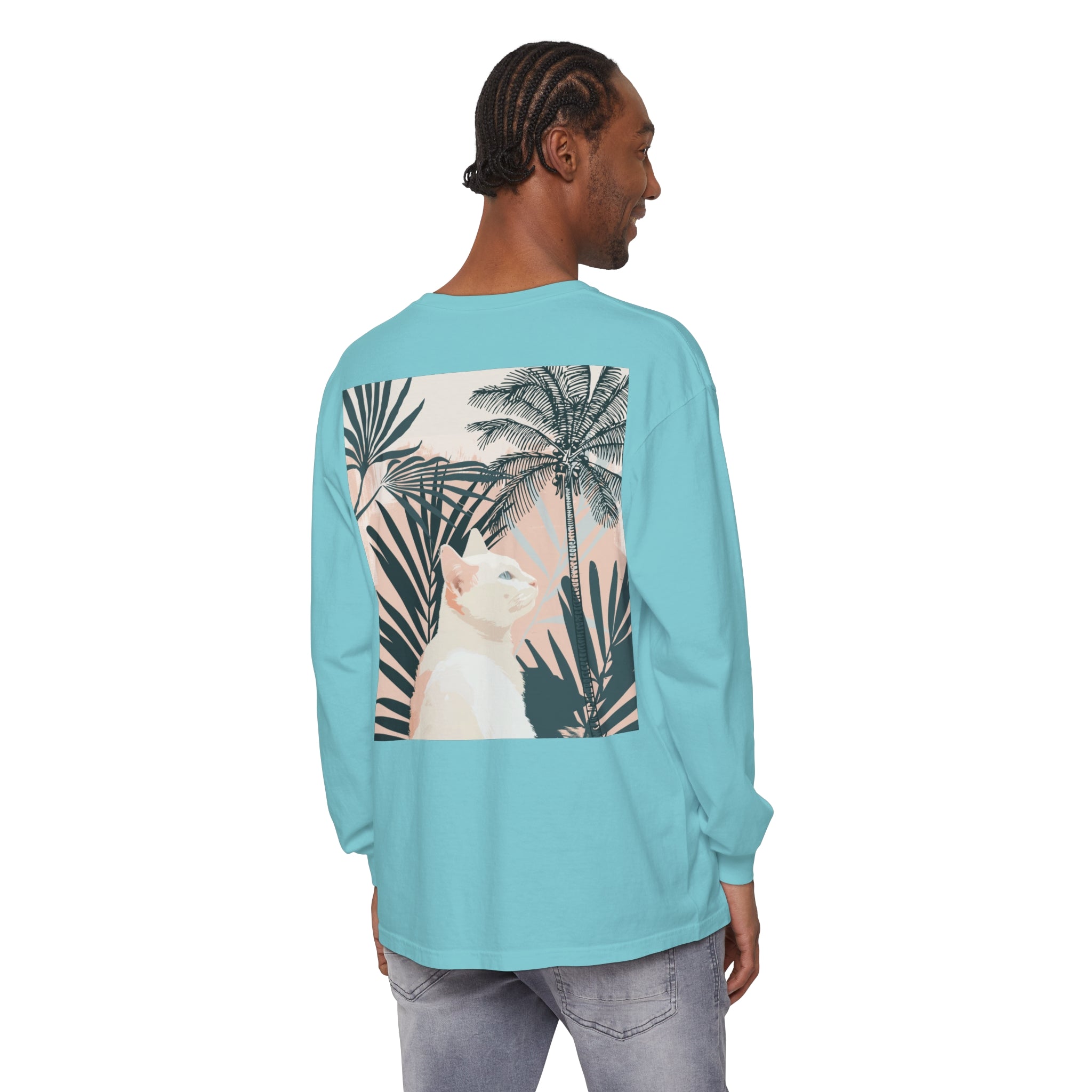 A close-up image of the White Cat Tropical Mandala Long Sleeve T-Shirt, featuring a vibrant and intricate mandala design with a white cat surrounded by tropical elements