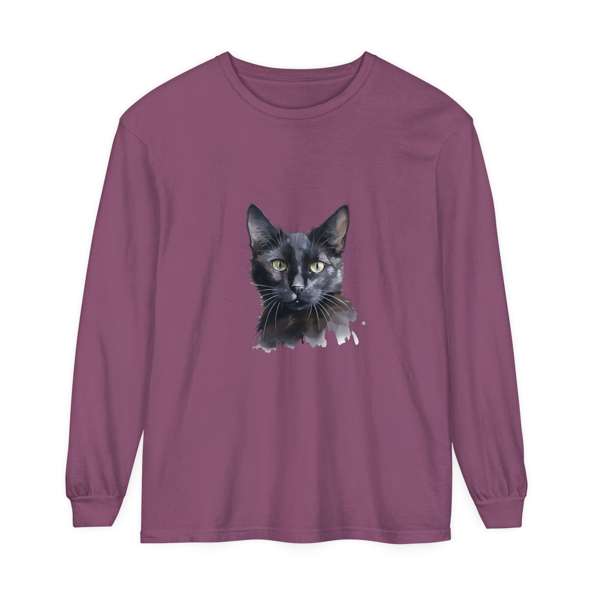 Black Cat Watercolor - Mystical Long Sleeve T-Shirt with intricate design and vibrant colors