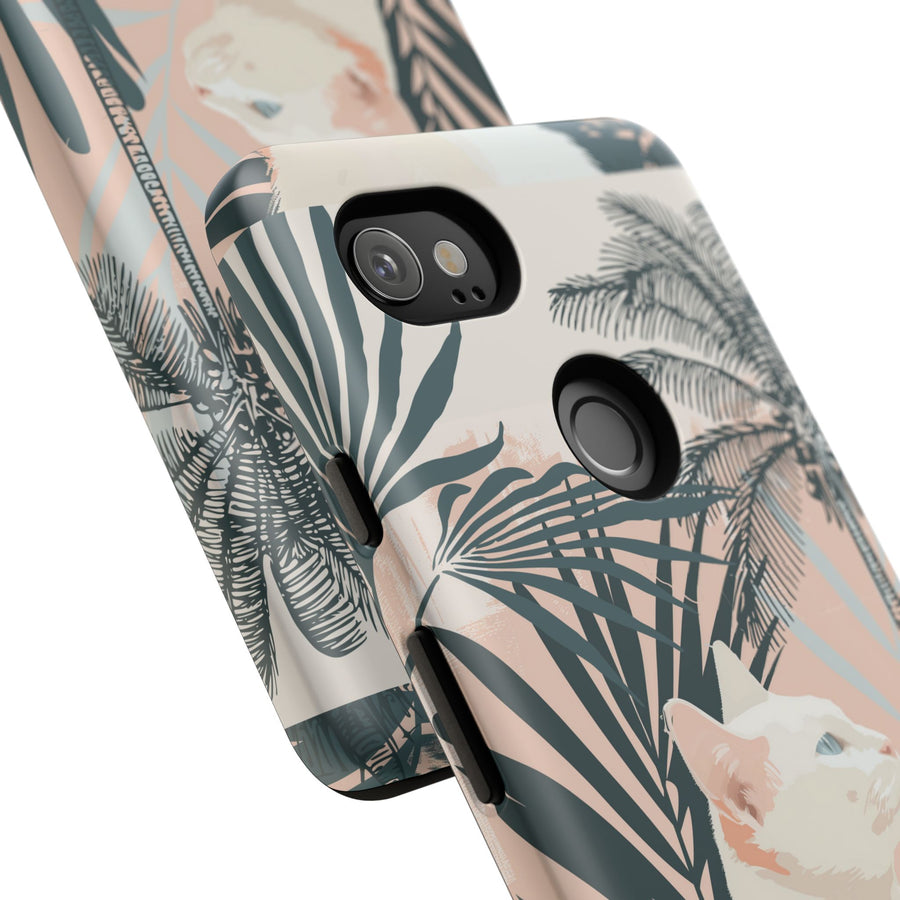 Tropical Cat Phone Case with Lush Palm Motifs and Soft Pastels