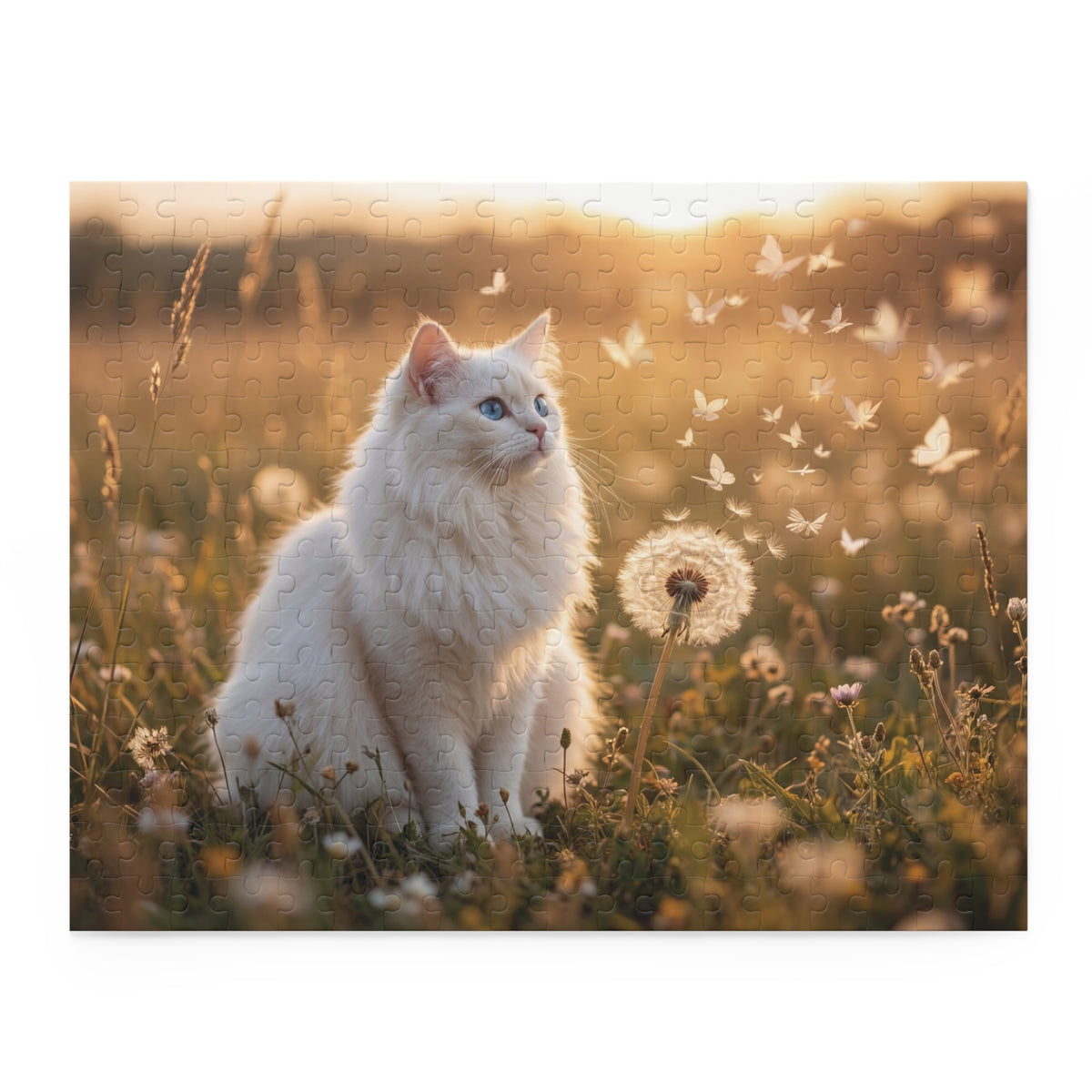 Cat in Dandelions Jigsaw Puzzle — White Kitten in Golden Field (120/252/500 pcs)