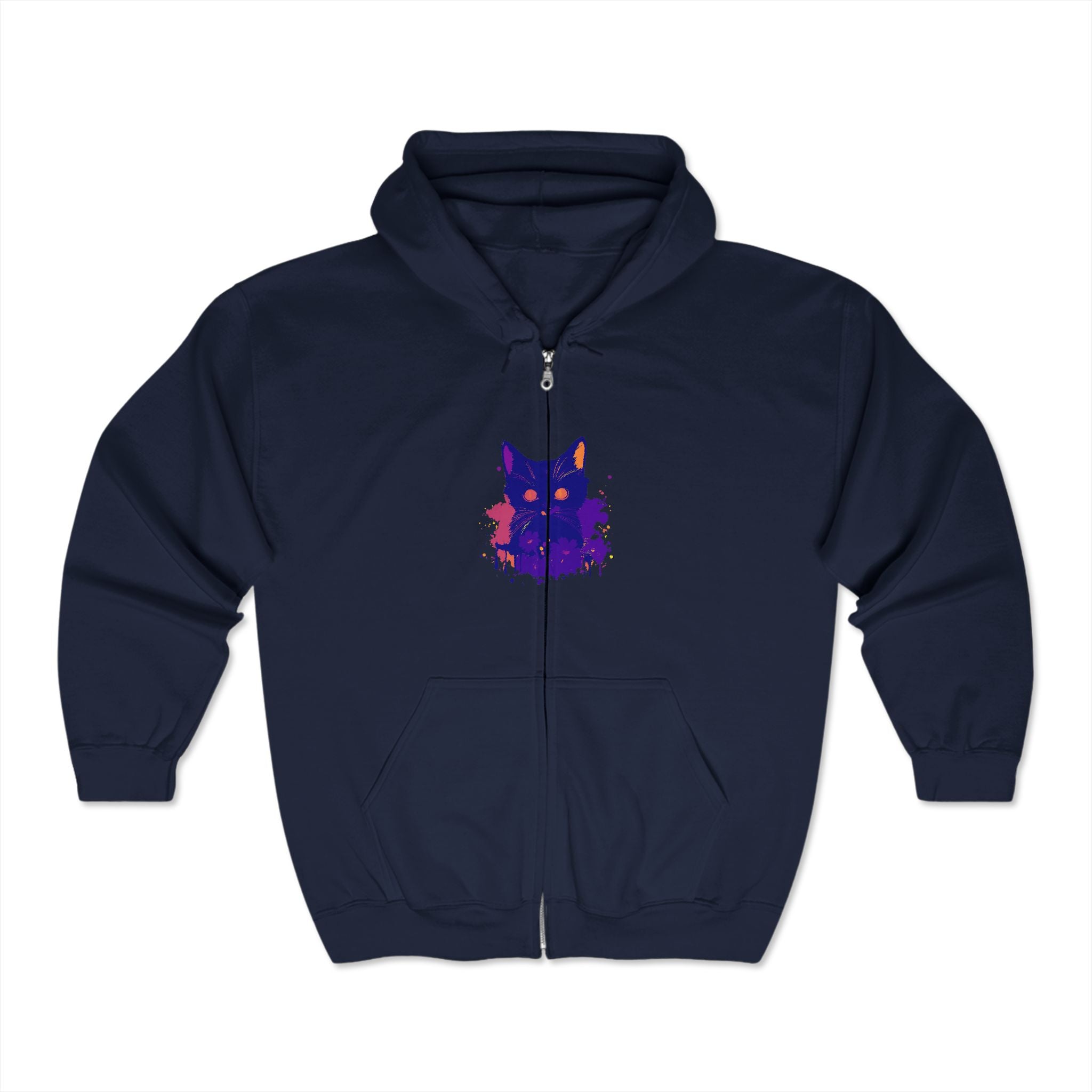 Mystical Cat Watercolor Hoodie featuring a vibrant watercolor design of a majestic cat in shades of blue, purple, and green, available in various sizes and made from high-quality, comfortable material