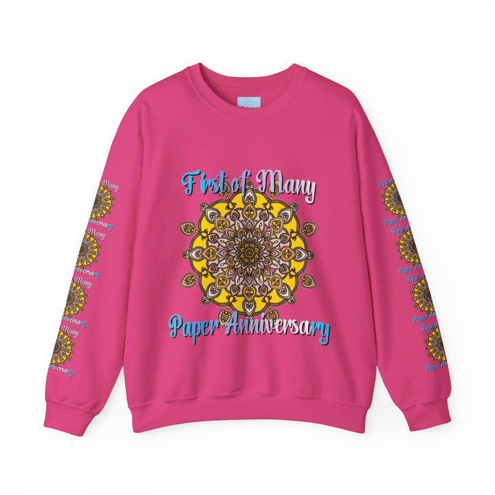 A unisex heavy blend crewneck sweatshirt with First of Many, Paper Anniversary design, perfect for first year wedding anniversary gift