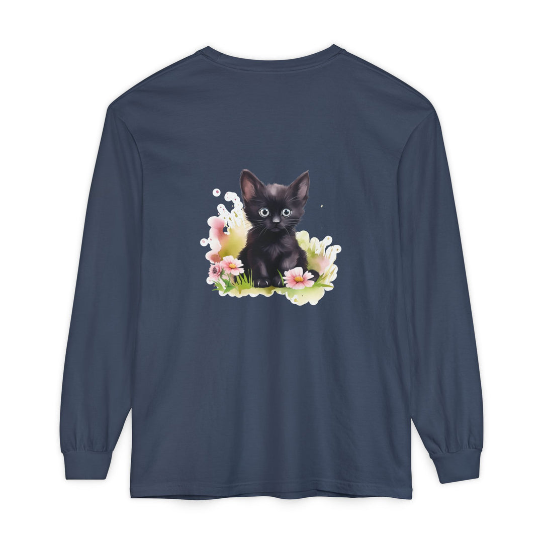 Black Kitten & Pink Flowers Long Sleeve T-Shirt
