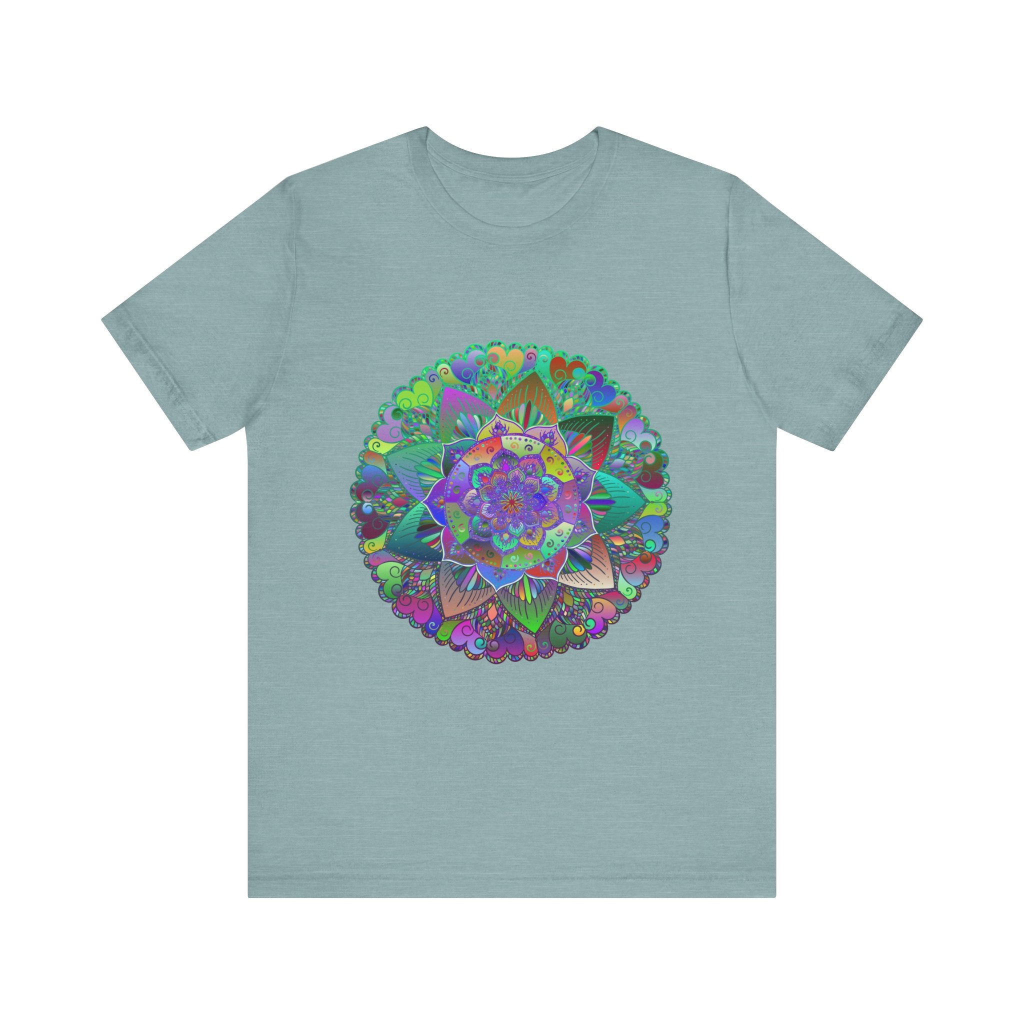 Vibrant and colorful psychedelic mandala tee shirt, perfect for adding a pop of color to your wardrobe