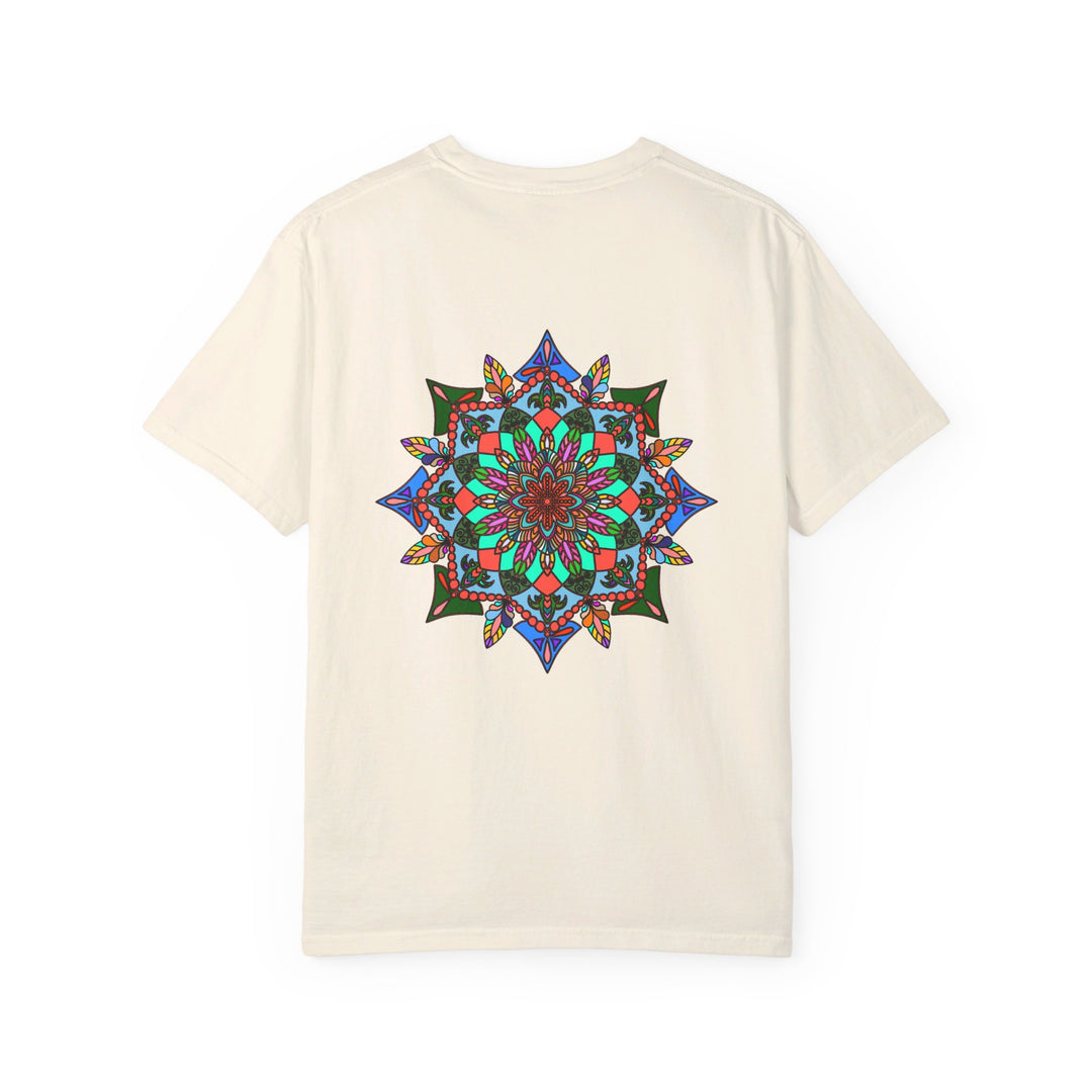 Unisex mandala t-shirt made from 100% ring-spun cotton, featuring hand-drawn mandala art and garment-dyed for extra comfort