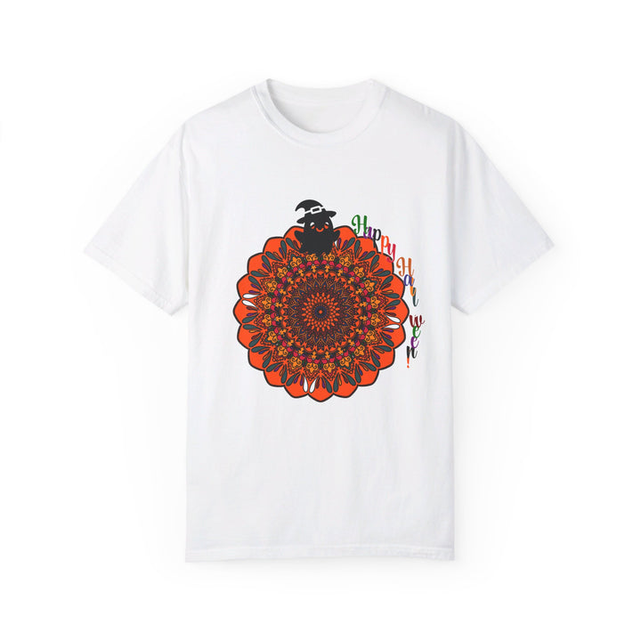 Orange unisex t-shirt with hand-drawn pumpkin mandala design, perfect for Halloween