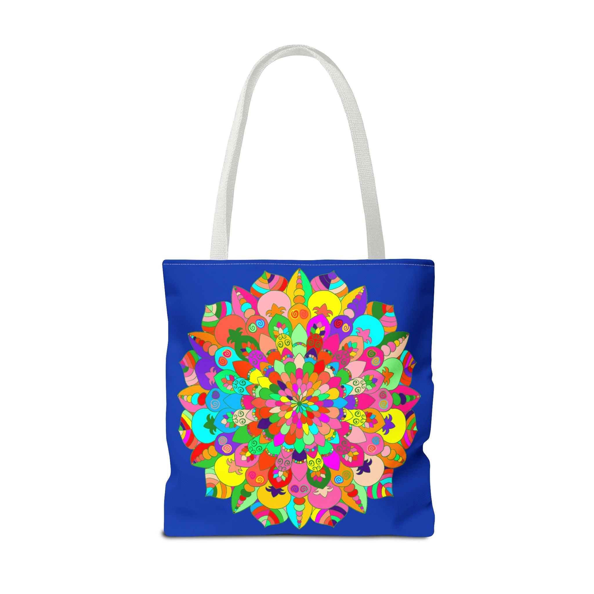 Colorful mandala art tote bag with intricate design in dark blue