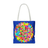 Colorful mandala art tote bag with intricate design in dark blue