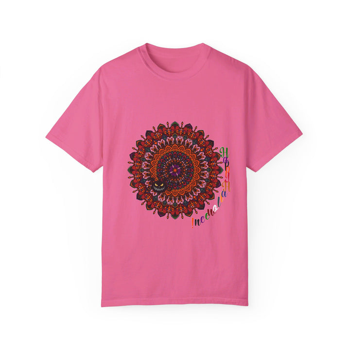 A vibrant unisex Halloween Mandala T-shirt featuring handmade pumpkin mandala art, garment-dyed for a unique, eye-catching look