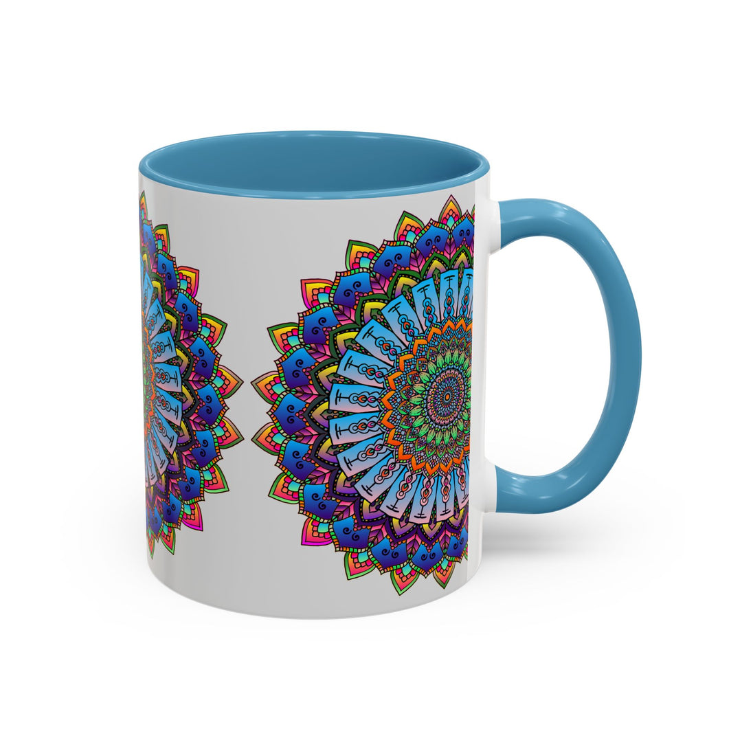 Vibrant mandala mug featuring colorful, intricate art on a grey background