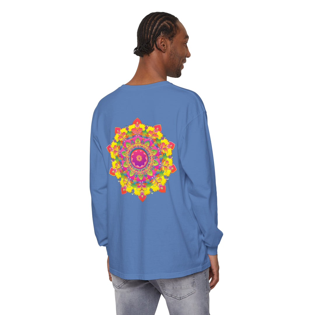 Colorful long sleeve t-shirt featuring a vibrant mandala design on front