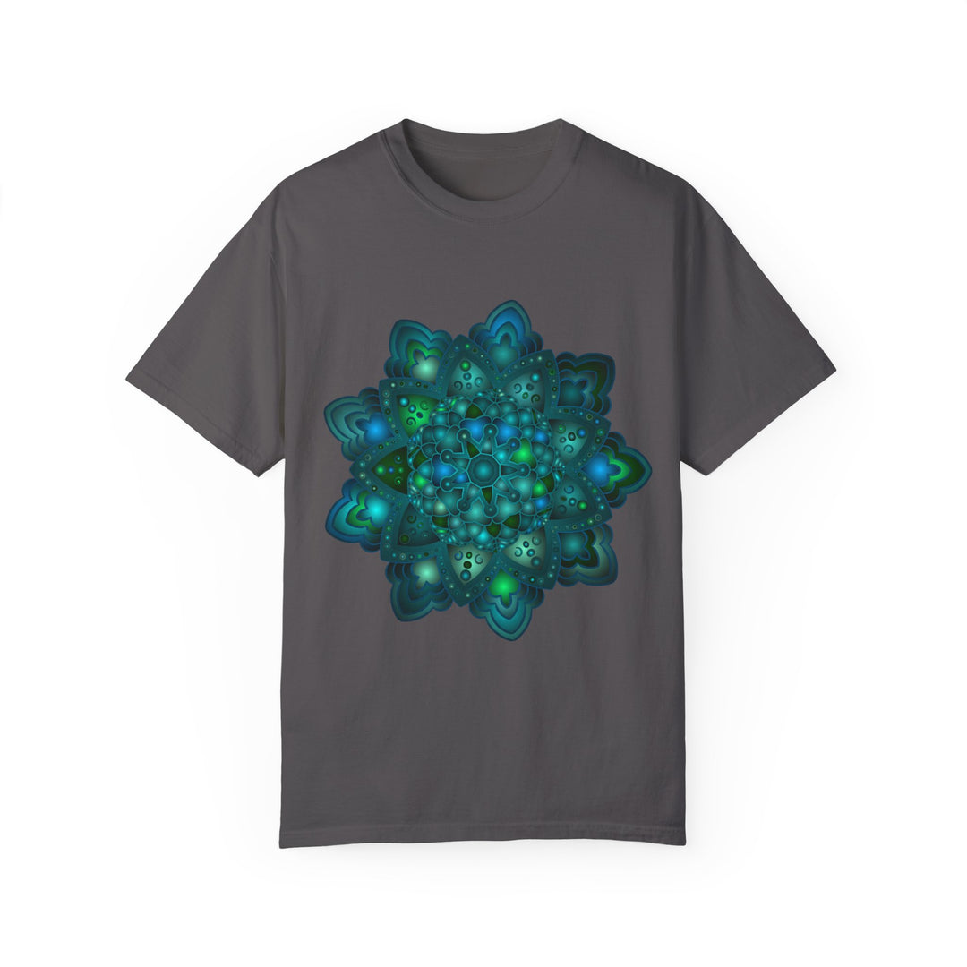 Unisex t-shirt featuring an intricate blue and green mandala design