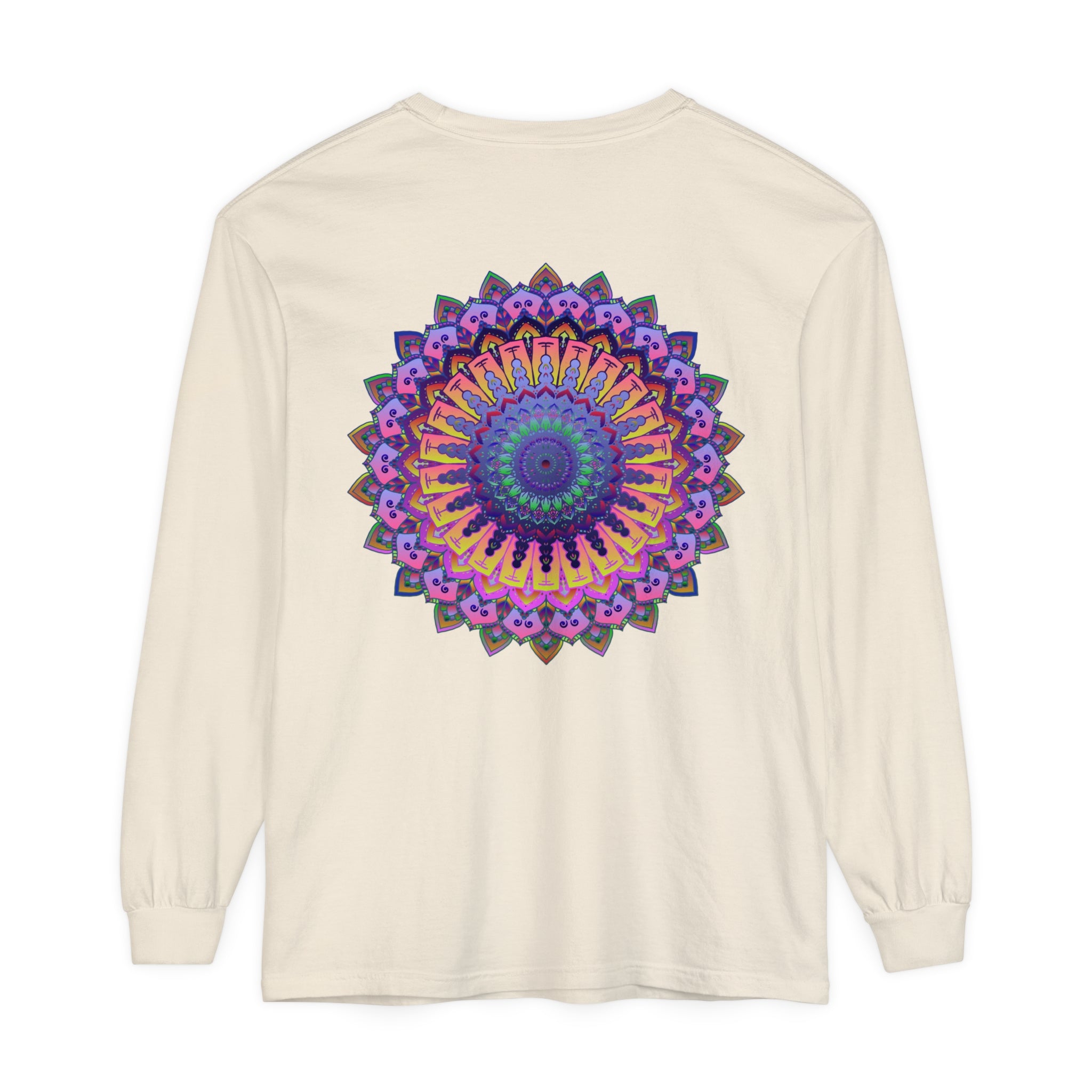 A detailed and colorful mandala design on a unisex long sleeve t-shirt