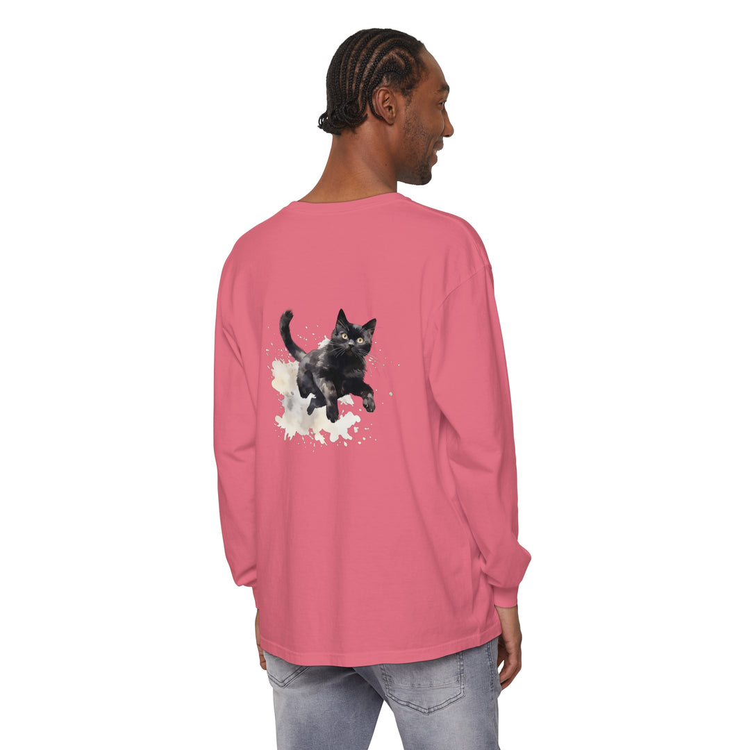 Vibrant black cat watercolor splash design featured on a comfortable t-shirt