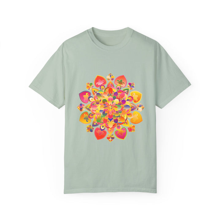 Colorful and detailed hand-drawn mandala design on a vibrant t-shirt