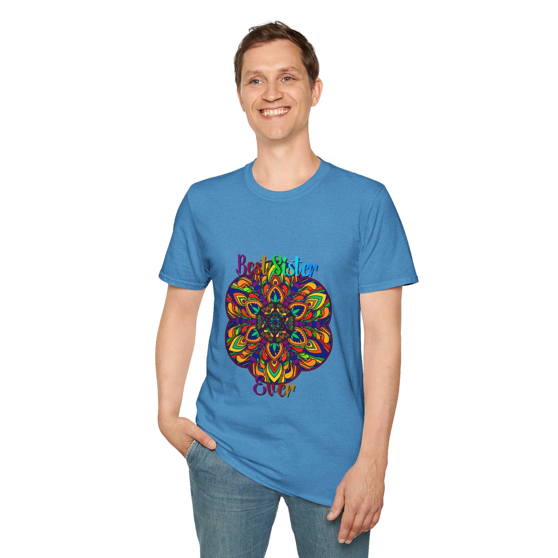 A colorful and intricate mandala art design on a unisex softstyle t-shirt, perfect as a gift for a sister