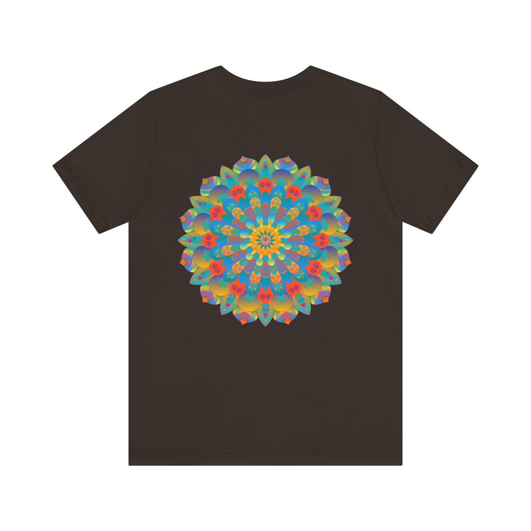 A vibrant and colorful psychedelic mandala t-shirt featuring spiritual symbols for peace and tranquility