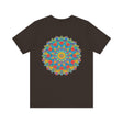 A vibrant and colorful psychedelic mandala t-shirt featuring spiritual symbols for peace and tranquility