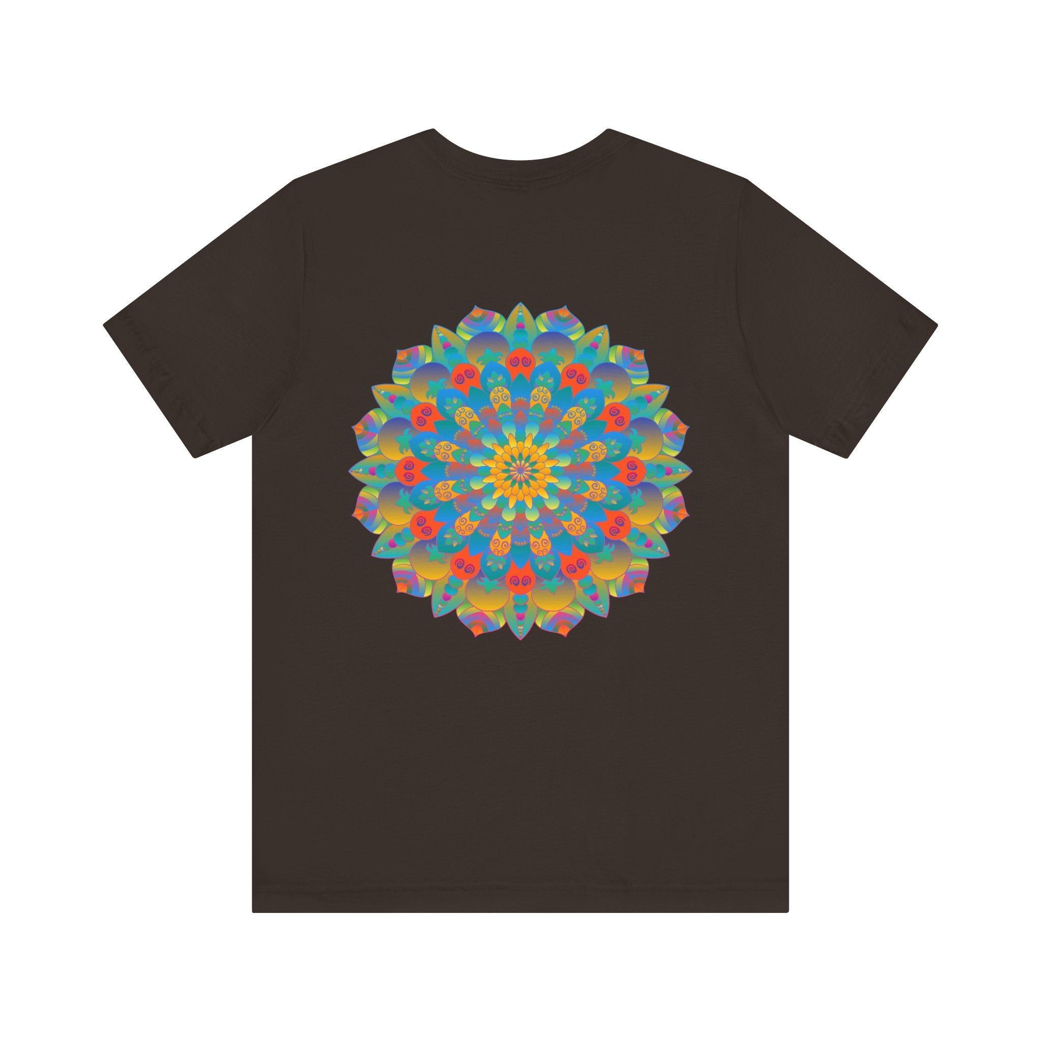 A vibrant and colorful psychedelic mandala t-shirt featuring spiritual symbols for peace and tranquility