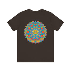 A vibrant and colorful psychedelic mandala t-shirt featuring spiritual symbols for peace and tranquility