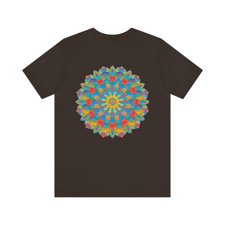 A vibrant and colorful psychedelic mandala t-shirt featuring spiritual symbols for peace and tranquility