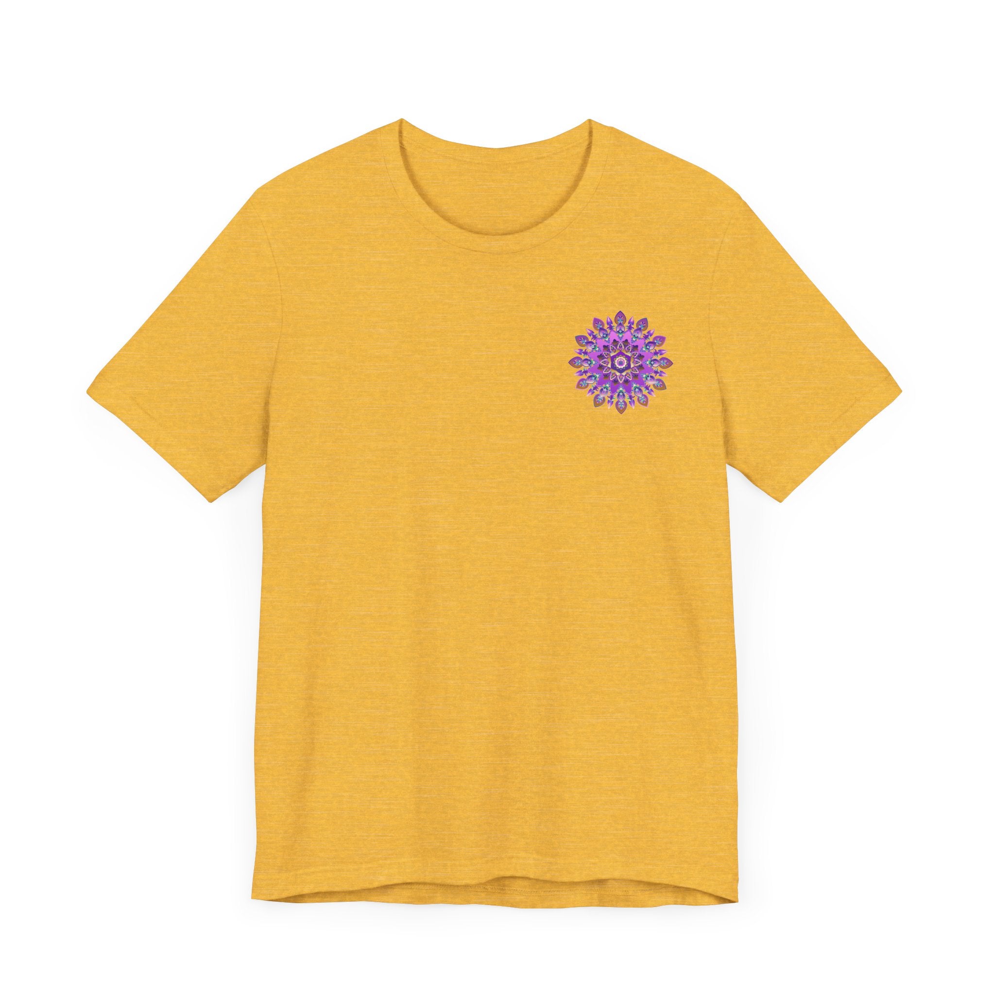 Vibrant purple mandala t-shirt with intricate spiritual design promoting peace and harmony