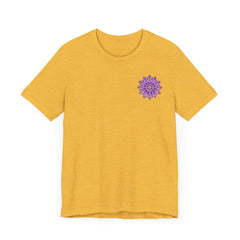 Vibrant purple mandala t-shirt with intricate spiritual design promoting peace and harmony