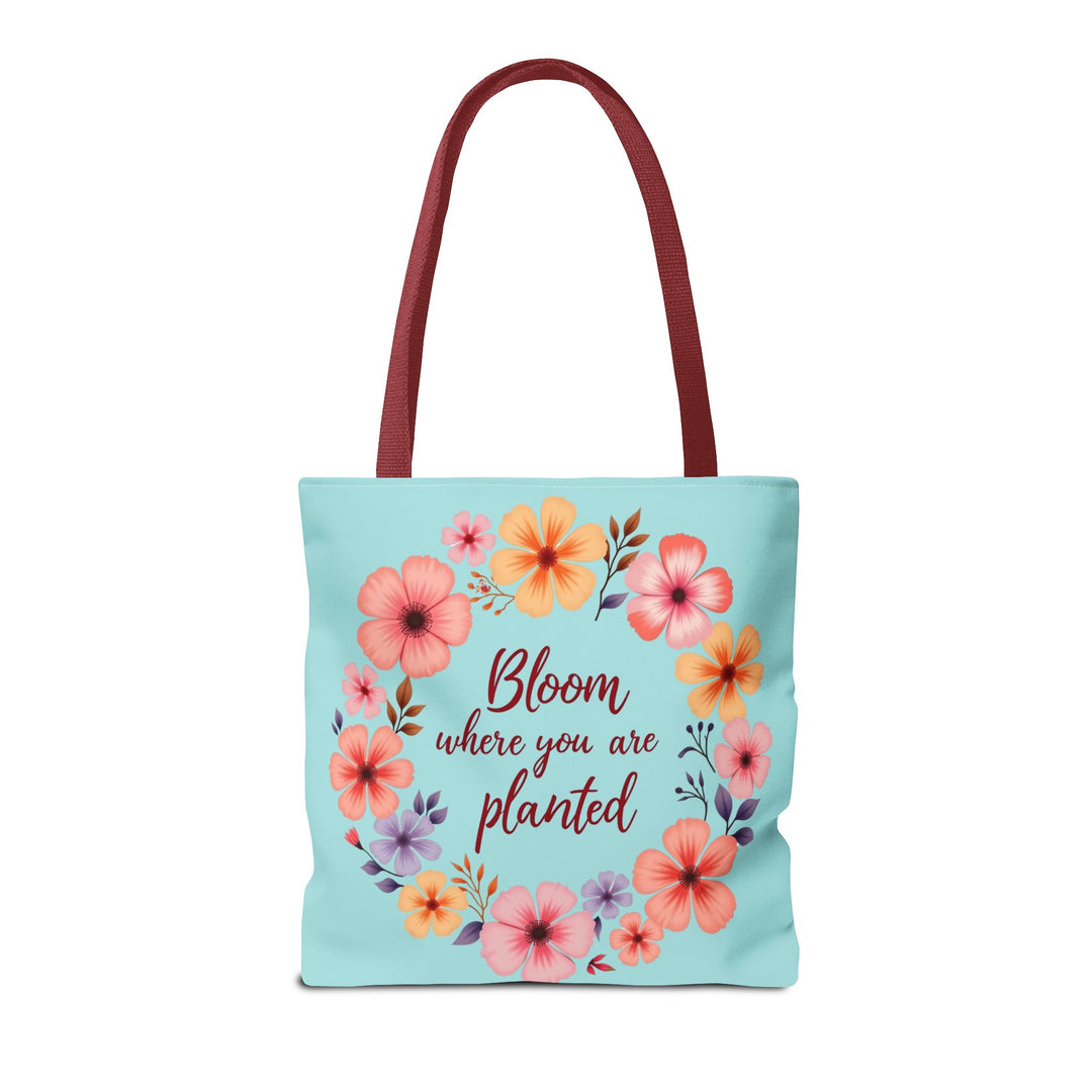 Beautiful floral tote bag with the inspirational quote 'Bloom Where You Are Planted' available in 3 sizes