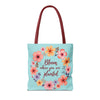 Beautiful floral tote bag with the inspirational quote 'Bloom Where You Are Planted' available in 3 sizes