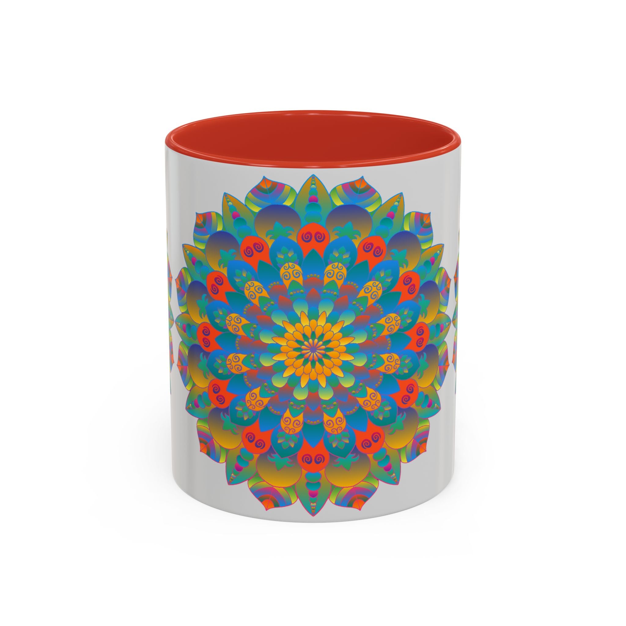 Mandala Art Mug in Vibrant Yellow, Orange & Blue with intricate design