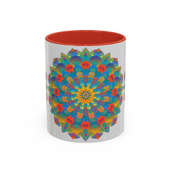 Mandala Art Mug in Vibrant Yellow, Orange & Blue with intricate design