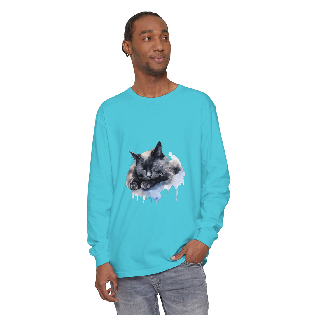 Adorable watercolor illustration of a sleeping cat on a comfortable t-shirt