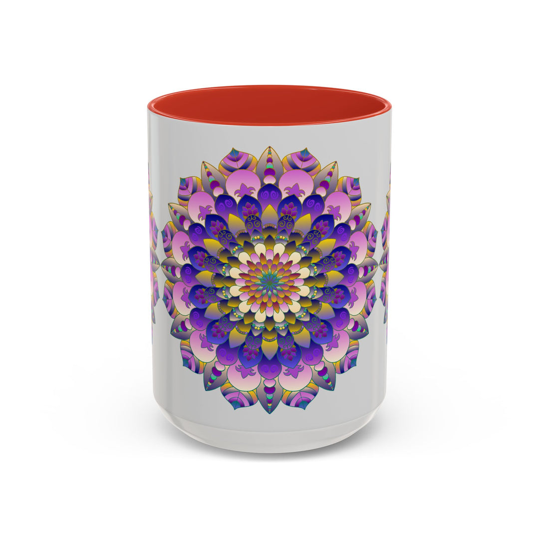 Beautiful mandala art mug featuring vibrant colors on a grey background