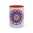 Beautiful mandala art mug featuring vibrant colors on a grey background