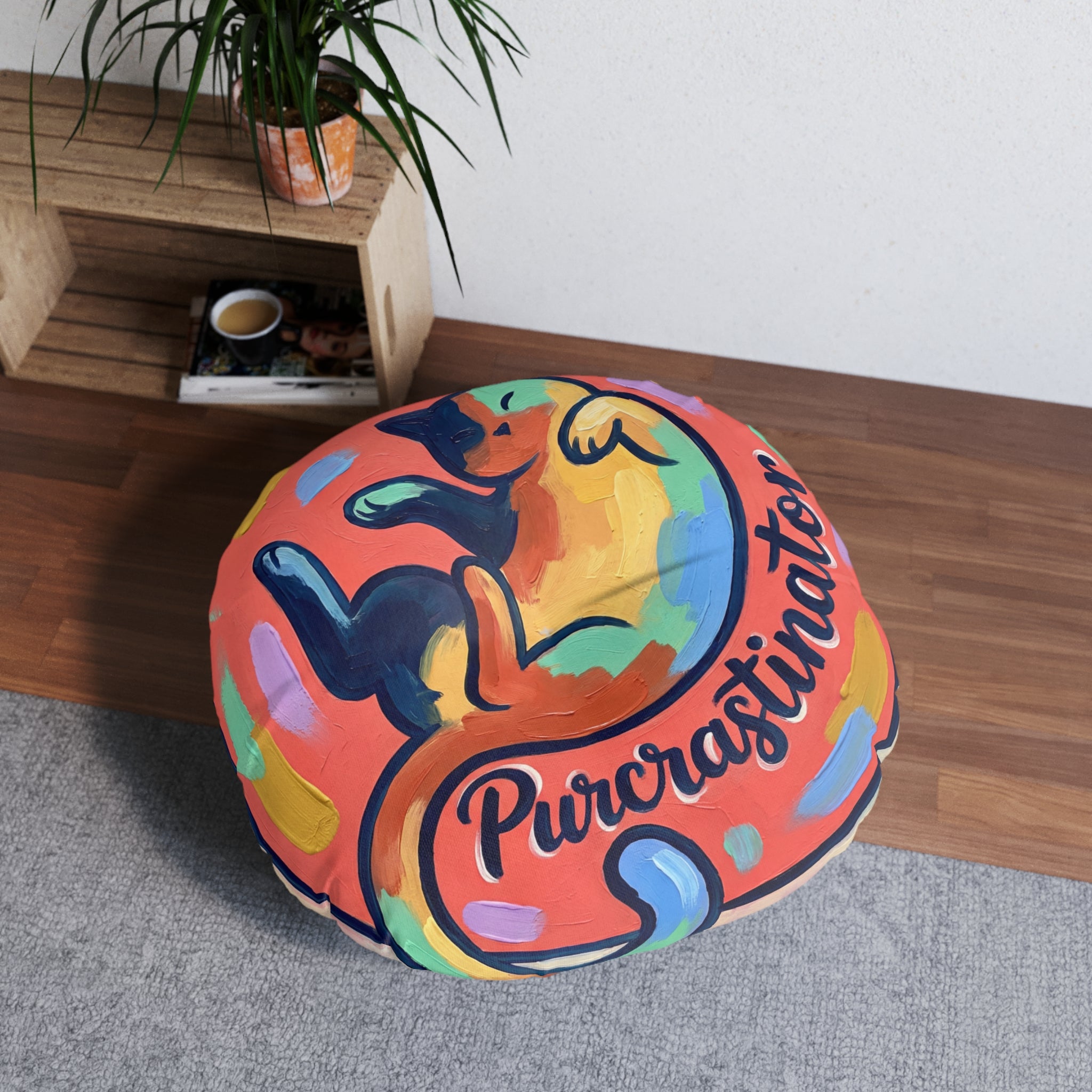 Purrcrastinator Cat Cushion — Cozy Round Floor Pillow