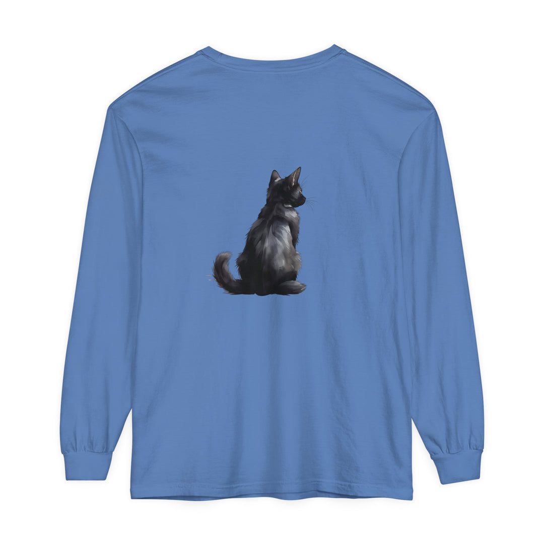 Black Cat Mystery unisex long sleeve tee featuring a sleek black cat design